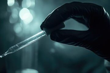 Aufkleber - A gloved hand delicately holds a glass pipette filled with a clear liquid, suggesting scientific research or precise measurement.