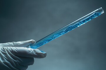 Poster - A gloved hand holds a test tube filled with a vibrant blue liquid, suggesting scientific research or experimentation.