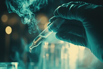 Aufkleber - A gloved hand holds a glass pipette with a liquid emitting vapor, in a laboratory setting.