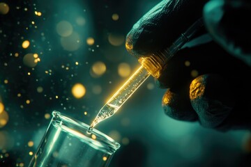 Aufkleber - A gloved hand uses a pipette to carefully add a glowing liquid to a test tube in a dark lab setting.