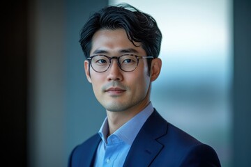 Poster - A headshot of a young Asian man in a blue suit and glasses, looking directly at the camera.
