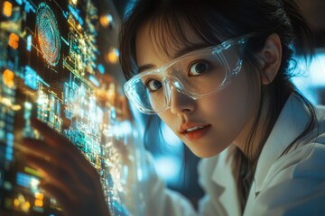 Poster - A female scientist intensely studies a complex, glowing digital interface, showcasing technological innovation.