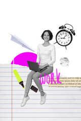Poster - Artwork magazine collage picture of happy pretty lady creating work schedule modern device isolated drawing background