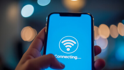 Poster - Close-up of Smartphone Screen Showing Connecting Status with Wi-Fi Icon Against Blurred Background of Lights and Bokeh Effect