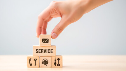 Poster - Hand Stacking Wooden Blocks with Service Icons Representing Communication and Assistance in a Creative Concept for Business Growth