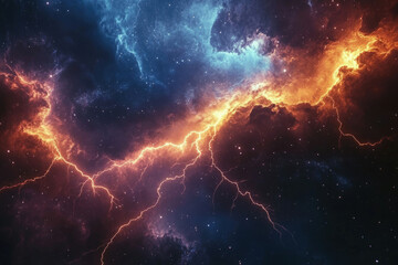 Poster - cosmic lightning strikes through vibrant nebulae, a celestial spectacle of fiery orange and cool blu