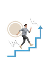 Poster - Collage magazine sketch of happy cheerful guy running upstairs professional financial growth concept isolated on drawing background
