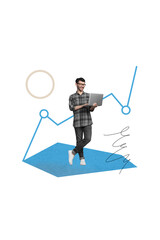 Poster - Collage picture poster of smiling worker programmer analyzing statistics successful results isolated on drawing background