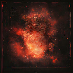 Fototapete - Cosmic Fingerprint: A captivating visual exploration of a glowing, circular form reminiscent of a fingerprint, framed within an artistic nebula of fiery hues.