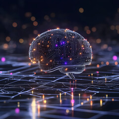 Poster - Cyber Brain: A cutting-edge, digital depiction of the human brain, rendered with circuit board patterns and luminous nodes, symbolizes artificial intelligence, machine learning.