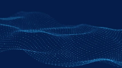 Fototapete - Abstract flow of luminous particles on dark background. Movement of colored dots. Big data visualization. 3D rendering. Seamless loop. 4k	