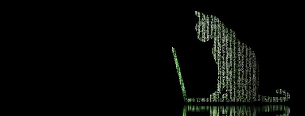 Fototapete - A cat silhouette made of glowing green binary code is located in front of a laptop on a black background, showcasing futuristic digital art