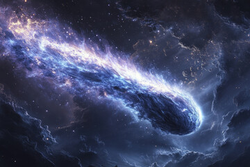 Poster - A celestial body, possibly a comet or asteroid, hurtles through space leaving a luminous trail of gas and dust.