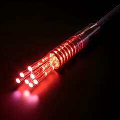 Poster - Illuminating Fiber Optics: Close-up of radiant red fiber optics cable, emitting light with dark, smooth background.