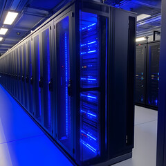 Poster - Data Center Rack: An atmospheric interior showcases a futuristic data center, showcasing a row of black server racks illuminated by blue LED lights. 