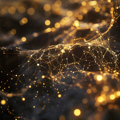 Fototapete - Digital Network of Spark: A mesmerizing digital representation of an interconnected network, featuring shimmering golden particles that illuminate a dark, flowing background.