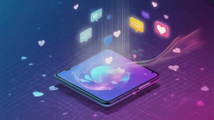 Poster - Social media marketing concept with smartphone receiving likes, comments, and messages, visualized in a futuristic isometric view with glowing icons and a vibrant background