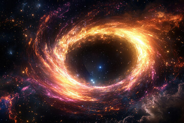 Poster - Fiery cosmic swirl, nebulae and stars in vibrant colors creating a mesmerizing celestial vortex.