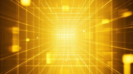 Poster - A deep yellow geometric background with layered square grids and a soft glow in the center