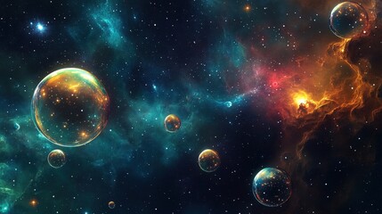Poster - A deep-space bubbles background with glowing orbs floating in a galaxy of stars and nebulae