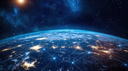 Poster - A deep-space perspective of Earth with bright laser-like connections forming an interstellar communication web.