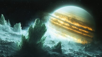 Wall Mural - a distant planet with rings amidst icy crystalline formations