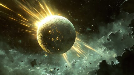 Wall Mural - a luminous planet radiating light within a dark and cloudy cosmos