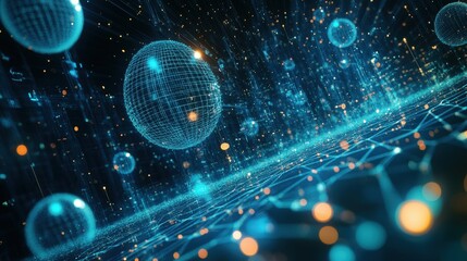 Poster - A digital tech bubble pattern with glowing holographic spheres in a futuristic grid