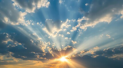 Poster - A dramatic sunburst effect as rays of sunlight pierce through scattered clouds