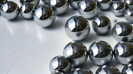 Poster - Metal balls of various sizes form an intricate pattern on a white surface, showcasing reflections and textures in daylight