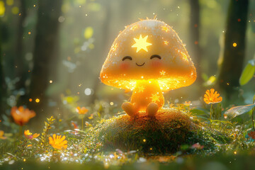 Poster - A cute, glowing mushroom with a star sits happily in a sunlit forest clearing.