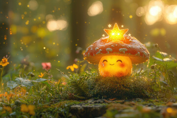 Poster - A glowing, smiling mushroom with a star sits in a magical forest clearing.
