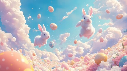 Poster - A dreamy pastel landscape filled with fluffy clouds, floating Easter eggs, and flying bunnies spreading joy