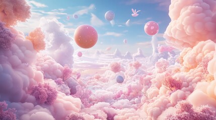 Poster - A dreamy pastel landscape filled with fluffy clouds, floating Easter eggs, and flying bunnies spreading joy