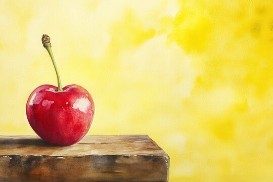 Watercolor painting of a single cherry on wood.