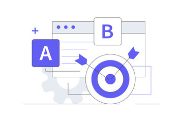 Poster - Concept of A B Testing. User Feedback, bug fixing, comparison Process. Mobile and Desktop Application Development. Flat Cartoon Vector Illustration, icon. Stylish abstract design landing page