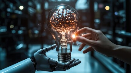 Poster - Hands of robot and human touching in machine intelligence evolution concept. A robotic hand and a human hand interact with a glowing light bulb.