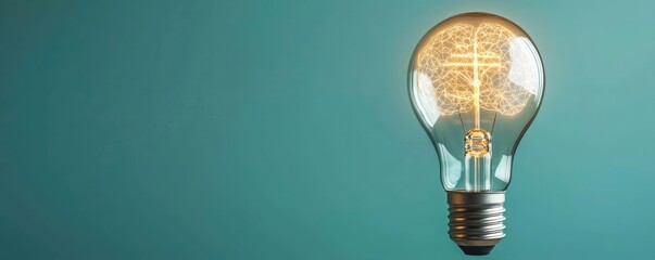 Poster - Hands of robot and human touching in AI-driven future progress concept. A glowing light bulb symbolizing bright ideas and innovation.