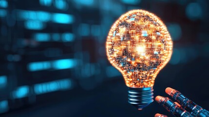 Aufkleber - Hands of robot and human touching for futuristic intelligence connection concept. A robotic hand holding a glowing, high-tech light bulb.