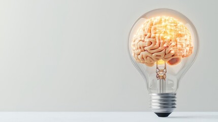 Poster - Hands of robot and human touching for digital interaction innovation concept. Illuminating idea symbol with brain inside light bulb.