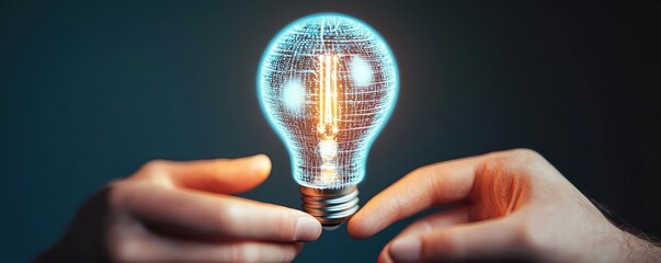 Poster - Hands of robot and human touching in cyber network interface concept. Hands holding a glowing light bulb symbolizing innovation.
