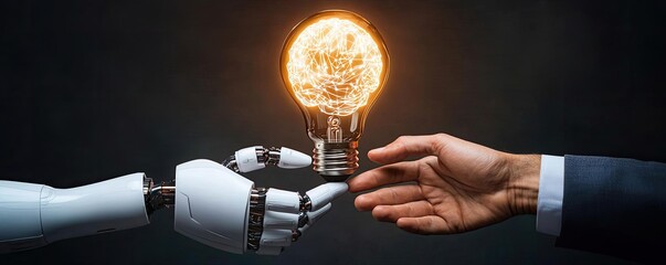 Poster - Hands of robot and human touching in machine intelligence evolution concept. A robot hand and a human hand exchanging an illuminated light bulb.