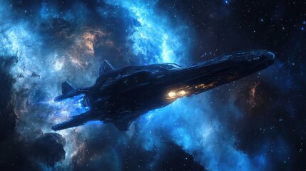 A futuristic spaceship explores a nebula in deep and vast outer space