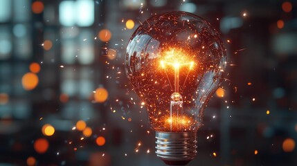Poster - Explosion of lightbulb in electric filament destruction concept. Illuminated light bulb with glowing sparks, representing innovation.