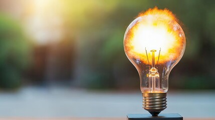 Poster - Explosion of lightbulb with conceptual creativity crash concept. Illuminated light bulb radiating energy with vibrant flames.