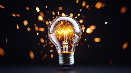 Poster - Explosion of lightbulb with conceptual creativity crash concept. Illuminating light bulb with sparks against a dark background.