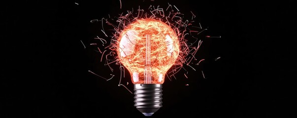 Poster - Explosion of lightbulb in electric filament destruction concept. An illuminated light bulb with vibrant sparks on a dark background.