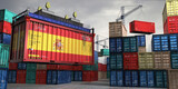 Cargo container with flag of Spain lifted by crane at freight terminal - 3D illustration