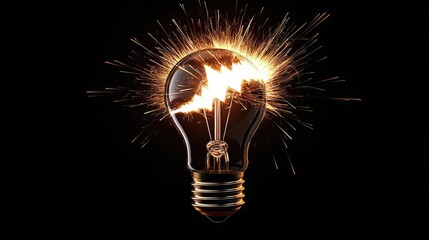 Poster - Explosion of lightbulb in electric filament destruction concept. A glowing light bulb with sparks, representing innovation and energy.