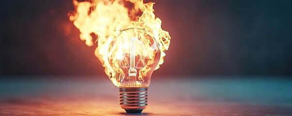 Poster - Explosion of lightbulb with creativity and crash effect concept. A light bulb engulfed in flames, symbolizing innovation and energy.